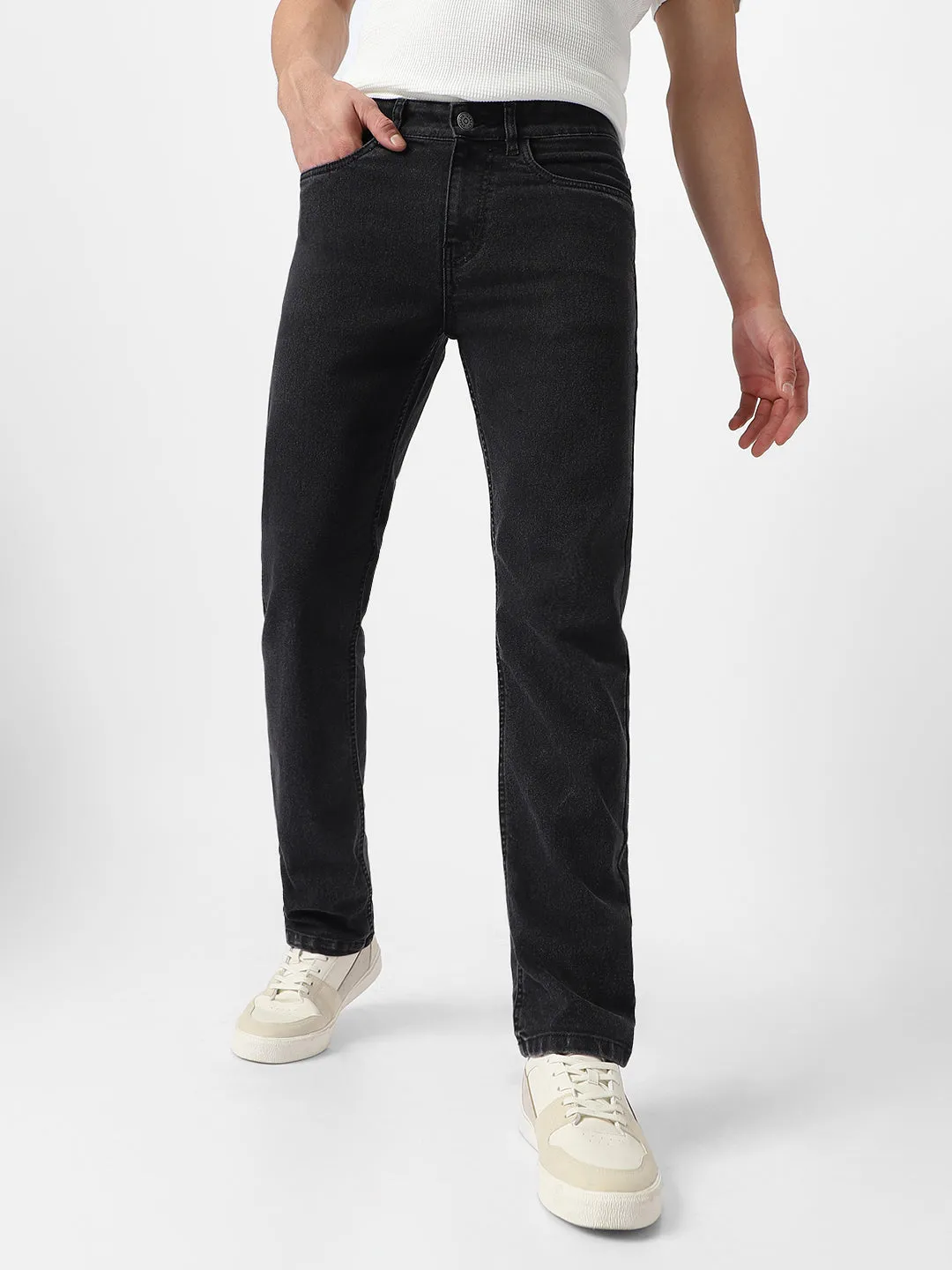 Men's Black Regular Fit Washed Jeans Stretchable