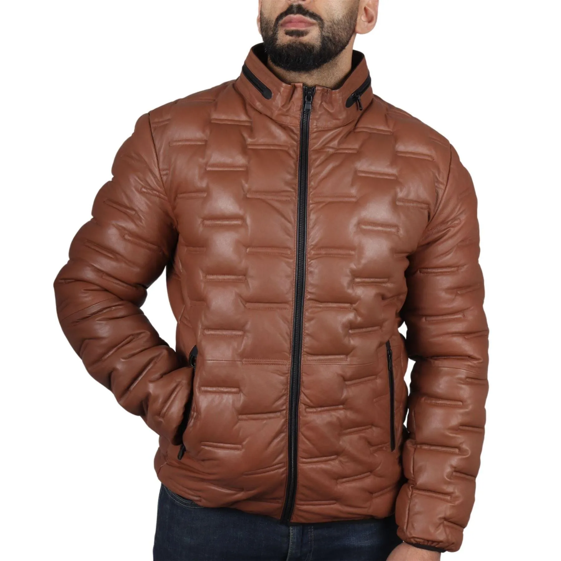 Men's Puffer Quilted Real Leather Jacket Casual Waist Length