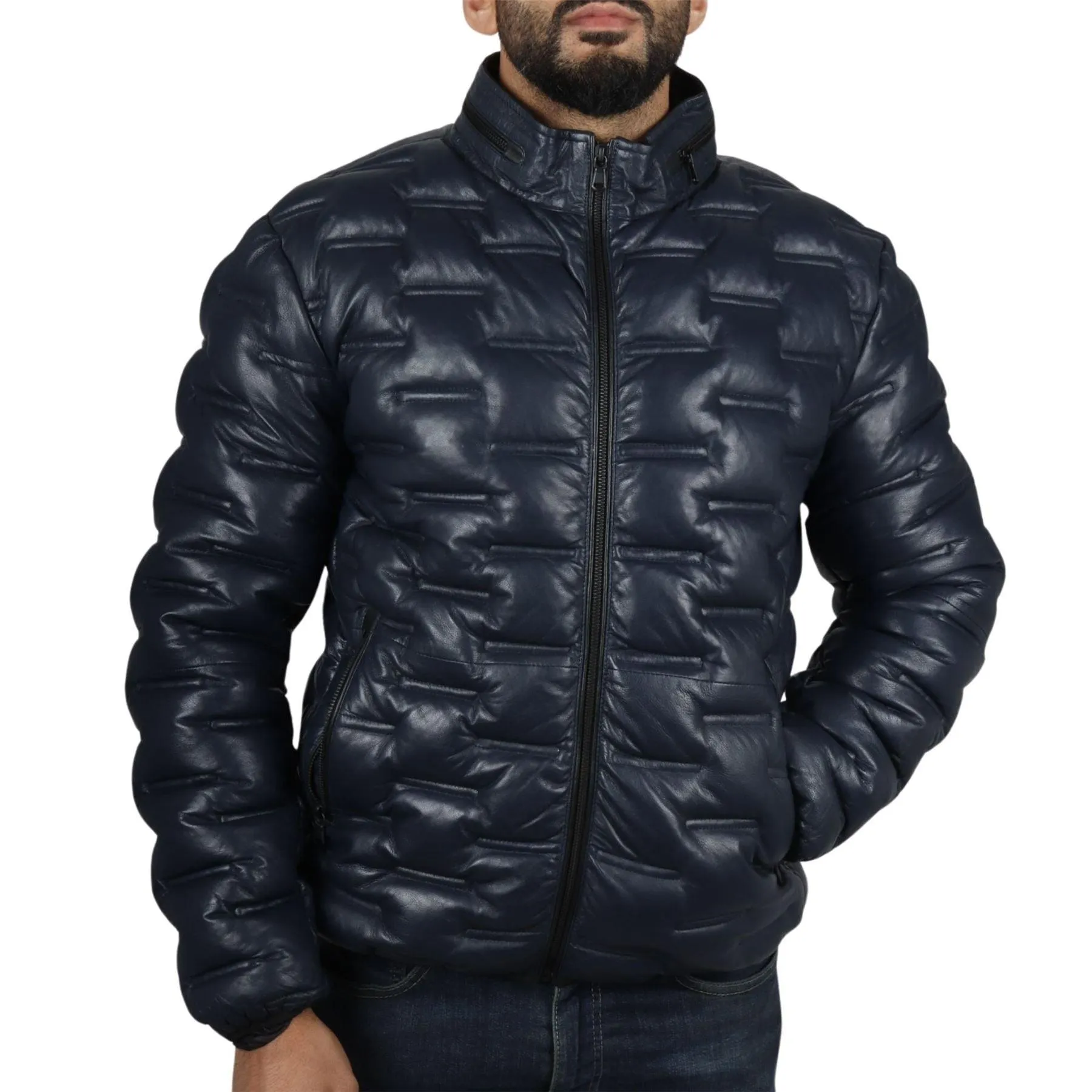 Men's Puffer Quilted Real Leather Jacket Casual Waist Length