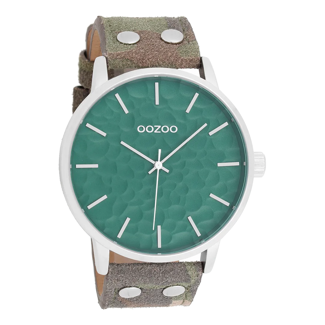 Silver coloured OOZOO watch with camouflage leather strap - C10460