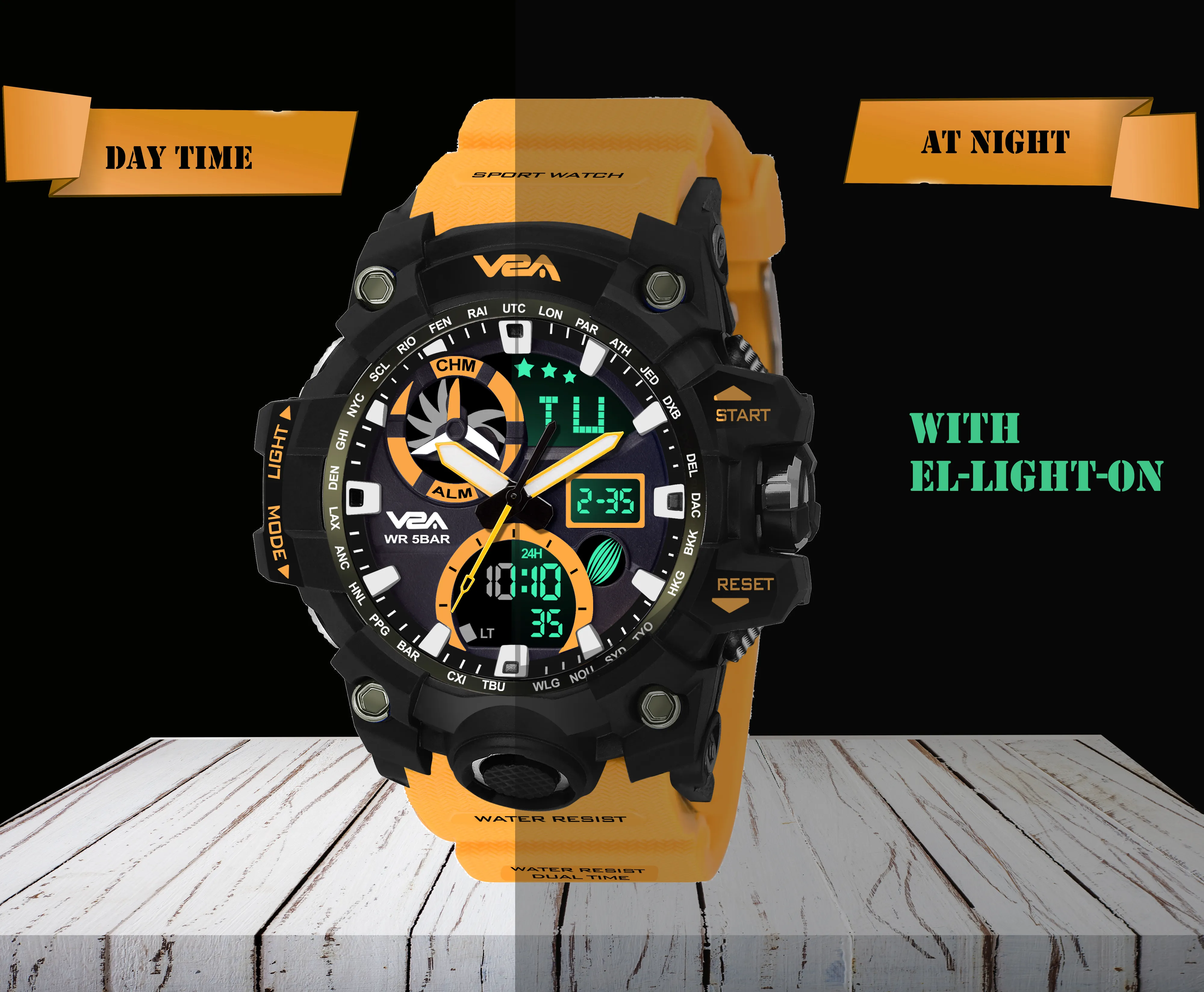 V2A Orange Chronograph Shockproof Waterproof Analog-Digital Day And Date Display Sports Watch For Men